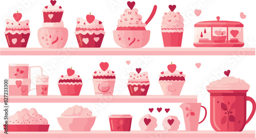 Coffee shop shelves with different cupcakes. Vector illustration.