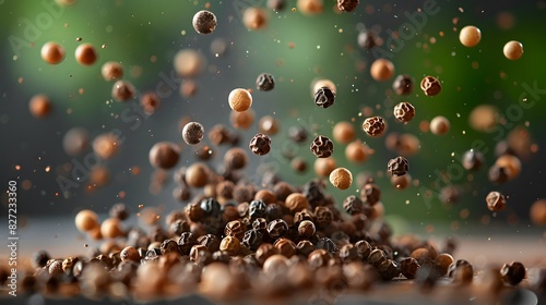 a macro shot of falling peppercorns, centered with sharp details and an elegant, minimalist background.
