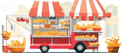 Street food truck with french fries and hot dog. Vector illustration.