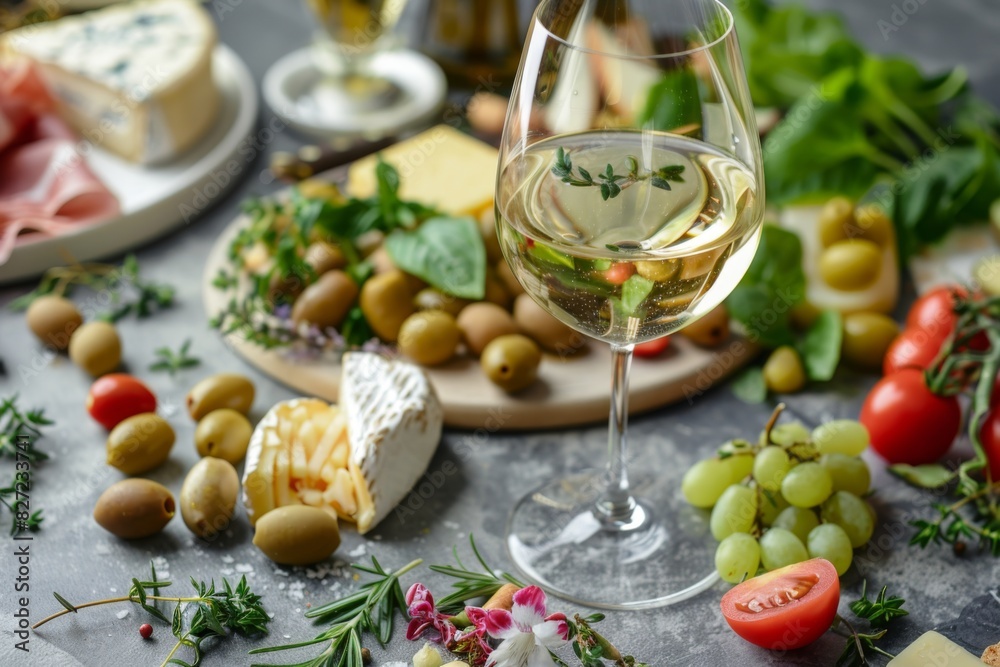 A glass of white wine sits on a table amidst a spread of food