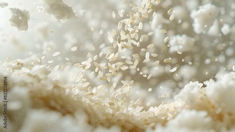 falling grains of rice, captured in a macro shot, centered and detailed with a clean white backdrop. falling grains of rice, captured in a macro shot, centered and detailed with a clean white backdrop.