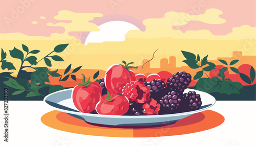 Plate with berries on the background of the sunset. Vector illustration