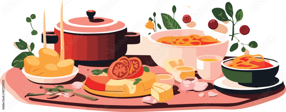 illustration of a delicious soup in a bowl with vegetables and cheese illustration of a delicious soup in a bowl with vegetables and cheese