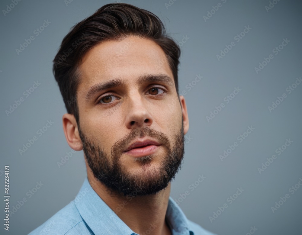 A man with a beard and a blue shirt is looking at the camera A man with a beard and a blue shirt is looking at the camera