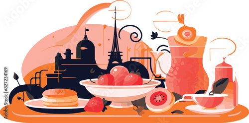 Vector illustration of a Parisian breakfast with pancakes, fruits and tea.