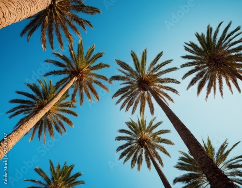 A row of palm trees are in the sky with a blue sky in the background