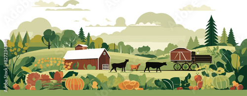 Country landscape with barn, horses and pumpkins. Vector illustration.