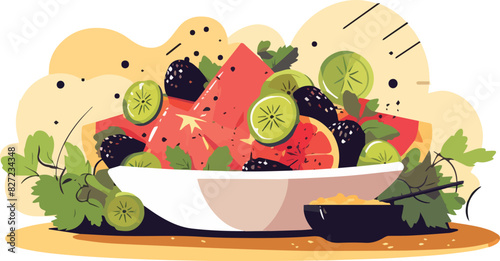 Illustration of a bowl of fresh fruit salad with kiwi and watermelon