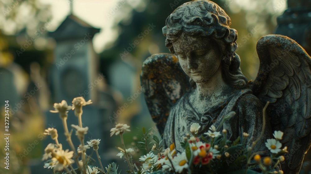 Angel statue in a cemetery with flowers Angel statue in a cemetery with flowers