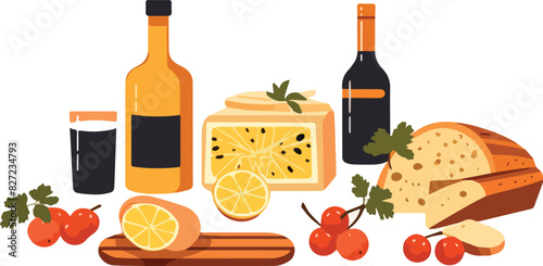 Use this image of a bottle of wine, a slice of lemon, a slice of bread and a glass of wine.