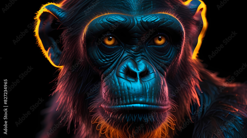 Background With Chimpanzee Face with neon lighting vibes Background With Chimpanzee Face with neon lighting vibes