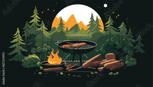 Vector illustration of a barbecue grill with grilled sausages and hot dogs in the forest.