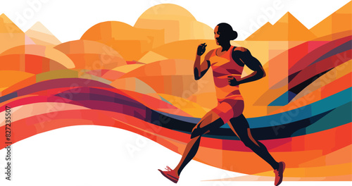 Running woman in sportswear on abstract colorful background. Vector illustration