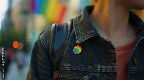 A candid street photo of a person wearing a subtle rainbow pin on their jacket, with a soft-focus rainbow flag in the background, blending seamlessly into the urban environment