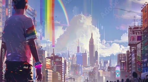 A bustling city scene with a person wearing a rainbow wristband, and a distant rainbow flag subtly blending into the cityscape photo