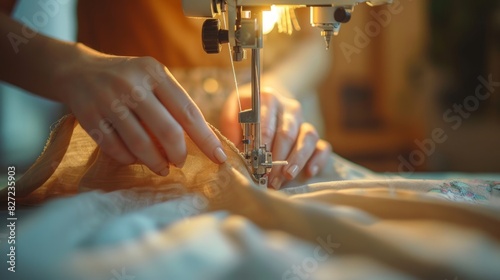 Home sewing setup hands guiding fabric through machine cozy.