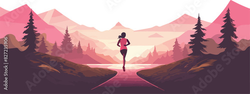 Vector illustration of a girl jogging on the road in the mountains.