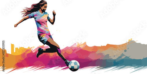 woman soccer player in action vector illustration with grunge splatter effect
