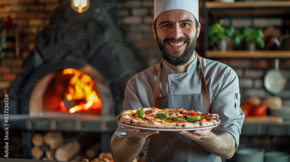 The chef with the pizza