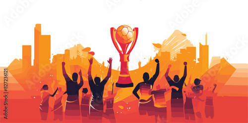 Crowd of soccer fans celebrating victory with trophy cup and ball. Vector illustration