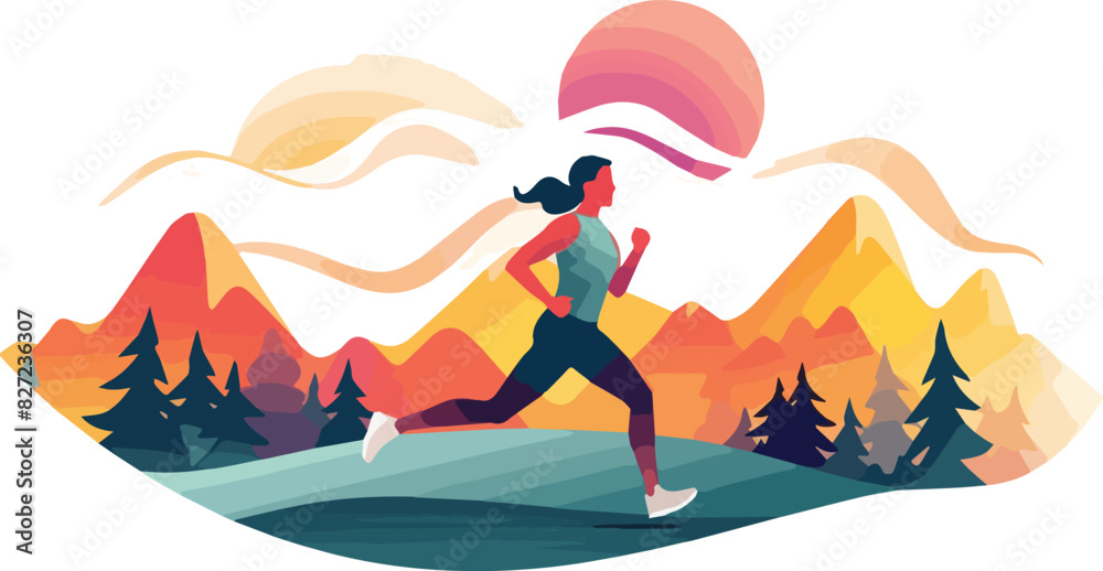 Running woman in the mountains. Healthy lifestyle concept. Vector illustration. Running woman in the mountains. Healthy lifestyle concept. Vector illustration.