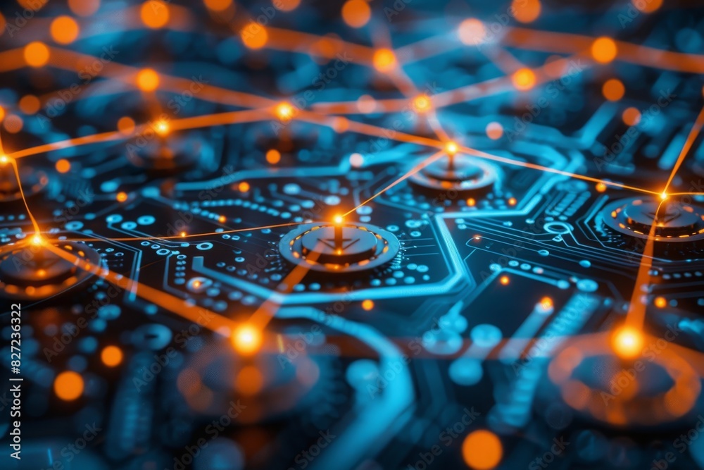 Close-up of a circuit board with glowing connections illustrating technology, electronic components, and modern innovation. Close-up of a circuit board with glowing connections illustrating technology, electronic components, and modern innovation.