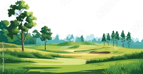 Illustration of a beautiful golf course with green grass and trees.