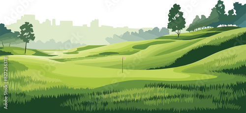 Golf course and golf club on green hills. Vector illustration.