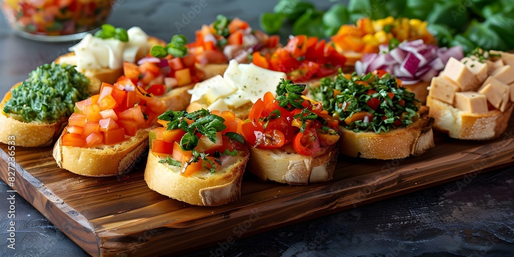 A Variety of Colorful and Delicious Bruschetta on a Wooden Board. Concept Food Photography, Colorful Appetizers, Fresh Ingredients, Wooden Presentation Board A Variety of Colorful and Delicious Bruschetta on a Wooden Board. Concept Food Photography, Colorful Appetizers, Fresh Ingredients, Wooden Presentation Board