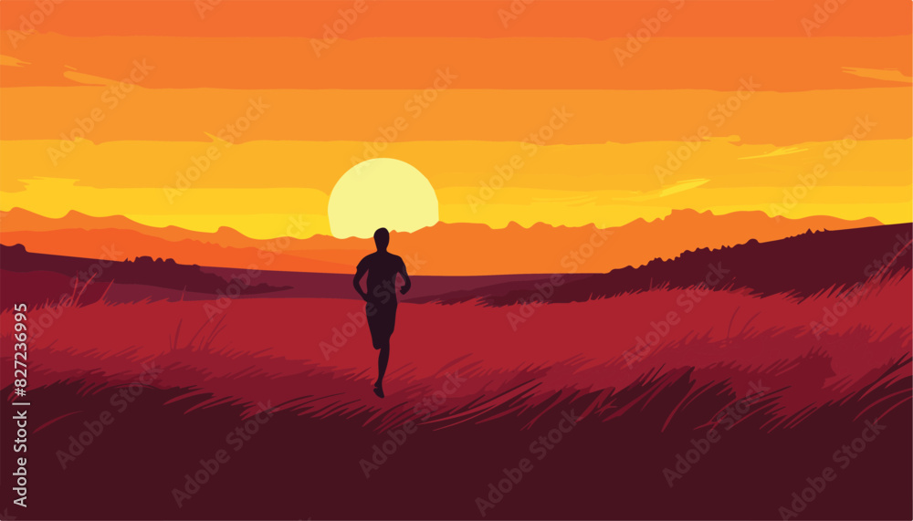Vector illustration of a man jogging in the field at sunset.