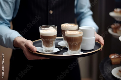 Waiter Carries the Two Cappuccino and Two Glasses of Water on a Serving Tray