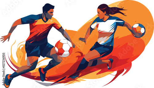 Soccer players in action with ball on fire background vector illustration.