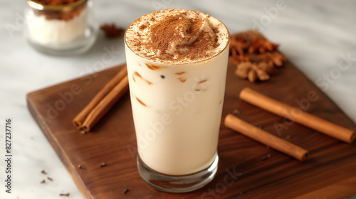 tall glass of horchata  latte, filled with creamy milk and topped with cinnamon powder, sits on top of an elegant wooden board. The background is white marble table surface