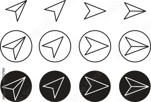 Black Direct message or DM icons Set. line Messages send icons editable stock. Plane origami send icons for web designs. Send post, mail or email arrows collection isolated transparent background.