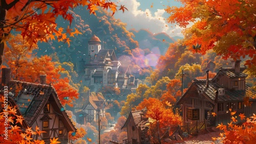 Maple trees line the paths between the houses, providing a beautiful autumn scene. seamless looping time-lapse animation video background  photo