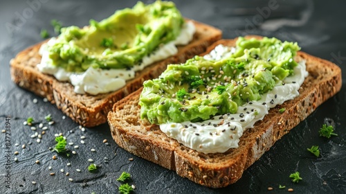slices of whole wheat toast with creamy spread containing mashed avocado & yogurt on the top of the toast, black background, flat lay shot angle photo