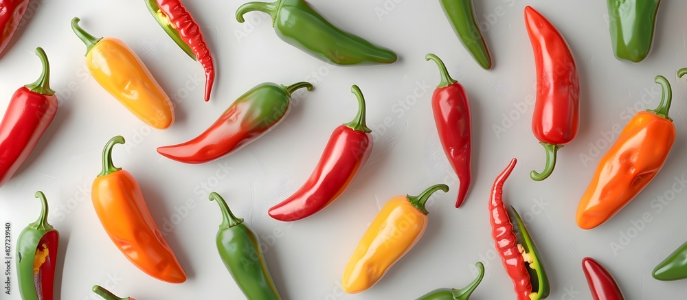 Vibrant Assortment of Artfully Arranged Chili Peppers on Clean Gray Background Vibrant Assortment of Artfully Arranged Chili Peppers on Clean Gray Background