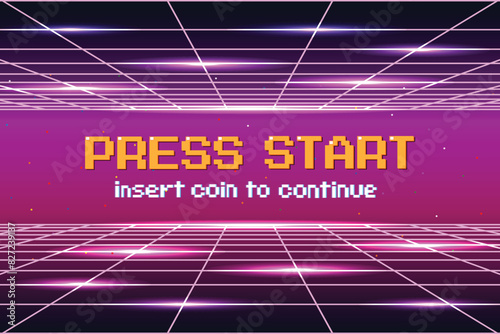 PRESS START INSERT A COIN TO CONTINUE .pixel art .8 bit game. retro game. for game assets .Retro Futurism Sci-Fi Background. glowing neon grid and stars from vintage arcade computer games