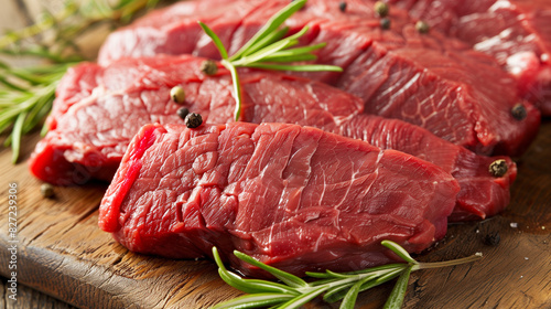 Juicy roasted beef slices garnished with fresh rosemary and colorful peppercorns.