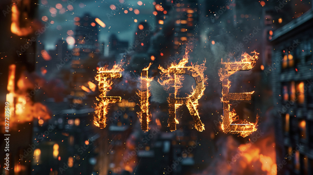 燃える都市と炎でできたFIREの文字 燃える都市と炎でできたFIREの文字