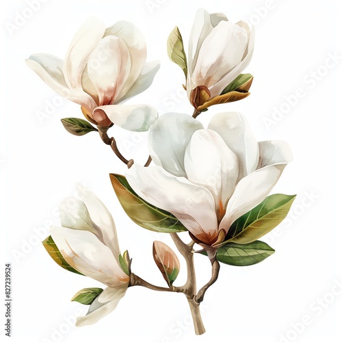 Magnolia, watercolor style, isolated white background, PNG di-cut style, object as model