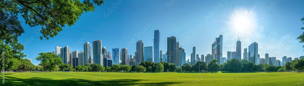 Fototapeta premium Panoramic view of a modern city skyline with skyscrapers under a bright blue sky, seen from a lush green park in the foreground.