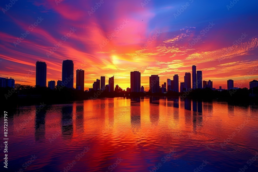 Stunning city skyline at sunset with vivid colors in the sky and their reflection on the calm water, creating a mesmerizing and tranquil scene. Stunning city skyline at sunset with vivid colors in the sky and their reflection on the calm water, creating a mesmerizing and tranquil scene.