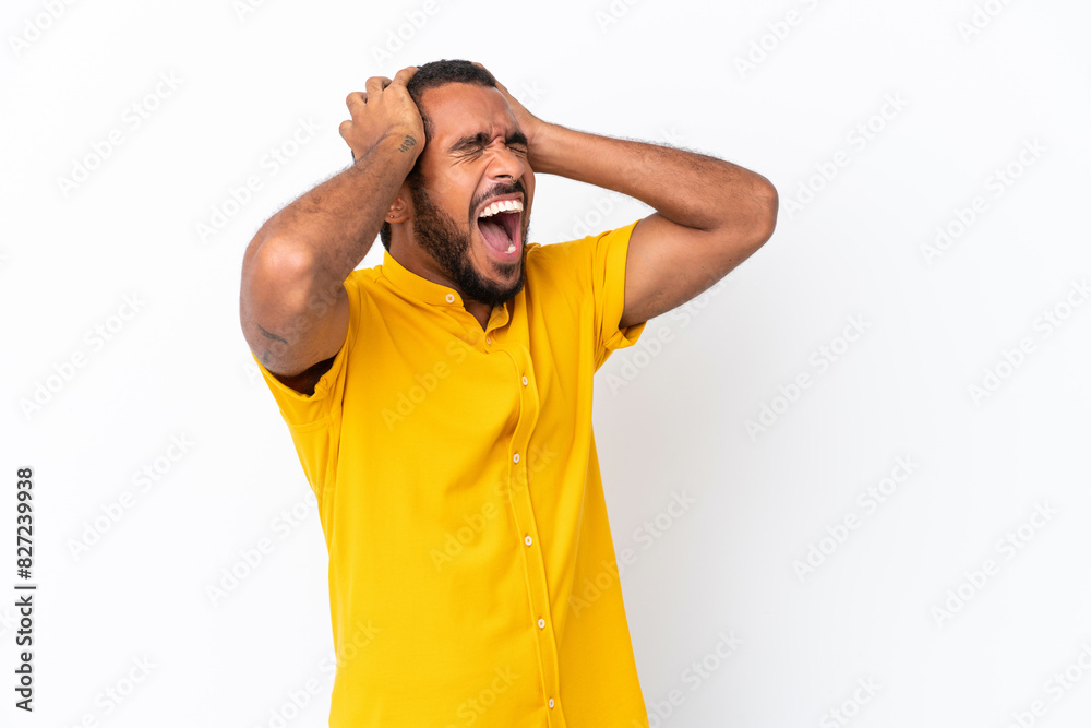 Young Ecuadorian man isolated on white background stressed overwhelmed Young Ecuadorian man isolated on white background stressed overwhelmed