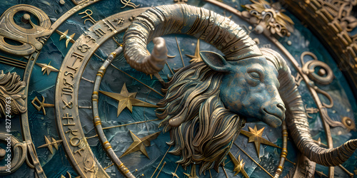 Golden arise zodiac horoscope sign on wheel of esoteric astrology calendar concept with blue background. photo