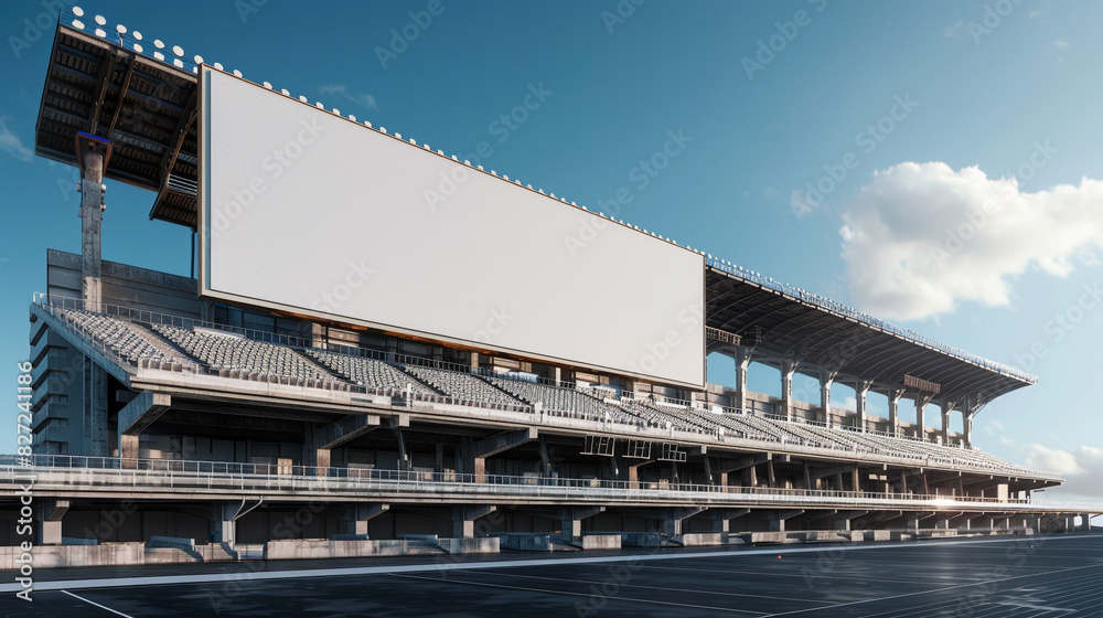 High-definition 3D render of a stadium with a large blank billboard, ideal for sports-related advertising. High-definition 3D render of a stadium with a large blank billboard, ideal for sports-related advertising.
