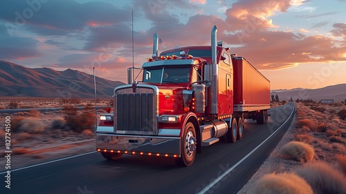 heavy duty classic stylish big rig semi truck tractor with lot of chrome accessories transporting cargo driving on the road