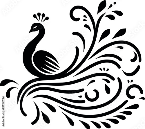 Elegant Black Silhouette of a Majestic Peacock with Intricate Feather Details Against a Pristine White Background Vector art Free download