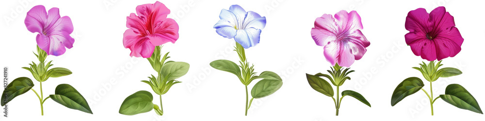A collection of Petunia flowers isolated on a white background with various colors and types such as pink, purple, and blue, showcasing their natural beauty in bloom A collection of Petunia flowers isolated on a white background with various colors and types such as pink, purple, and blue, showcasing their natural beauty in bloom