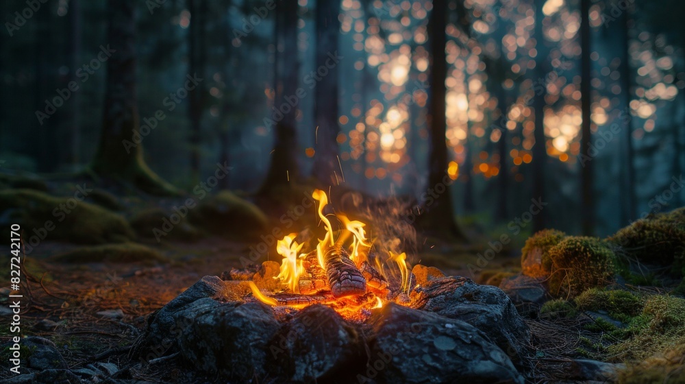 Twilight forest scene illuminated by the warm glow of a crackling fire. Twilight forest scene illuminated by the warm glow of a crackling fire.